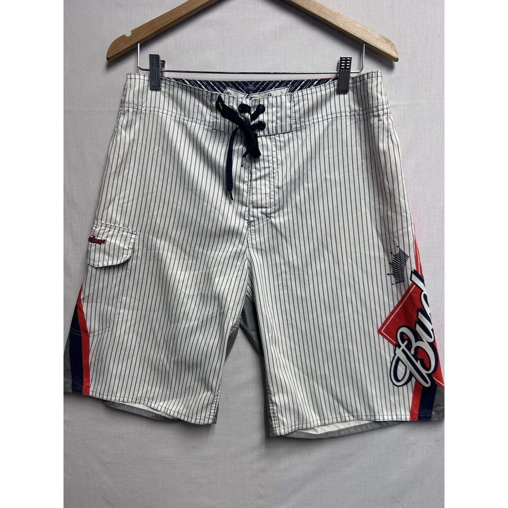 Budweiser Mens Board Shorts Swim Trunks Stripes Logo Size 32
